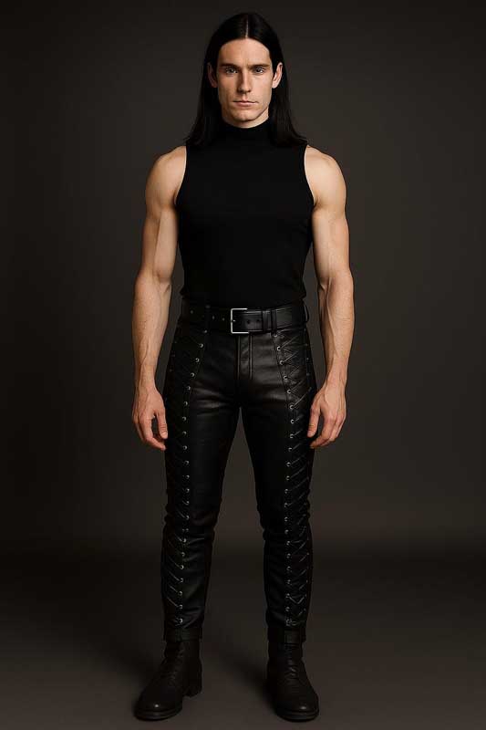 Men Black Sheep Leather Lace Up Pants Gothic Punk Slim Fit