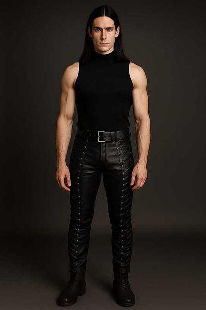 Men Black Sheep Leather Lace Up Pants Gothic Punk Slim Fit