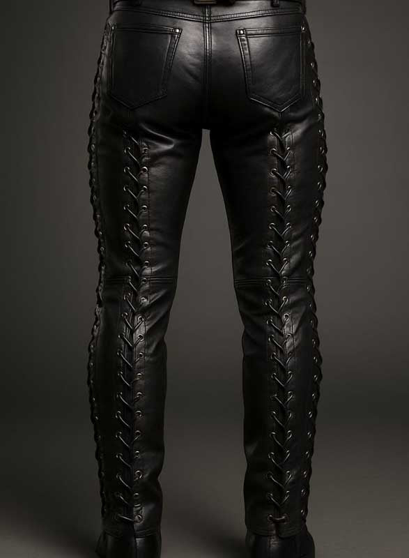 Men Black Sheep Leather Lace Up Pants Gothic Punk Slim Fit