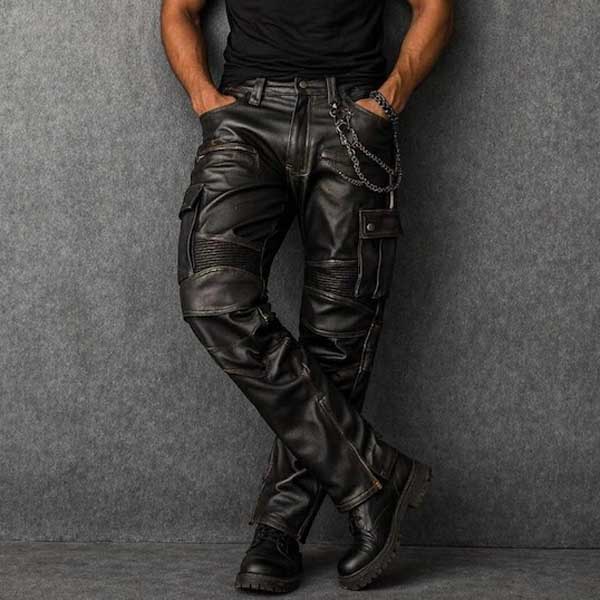 Men Black Sheepskin Leather Cargo Biker Pants