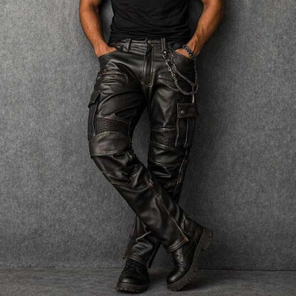 Men Black Sheepskin Leather Cargo Biker Pants