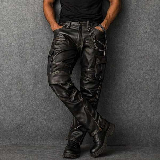 Men Black Sheepskin Leather Cargo Biker Pants