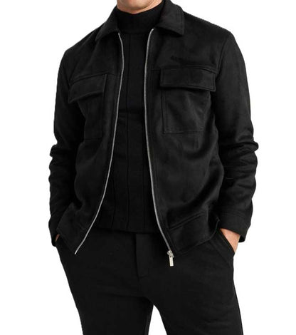 Men Black Suede Leather Trucker Jacket Classic Zip Style