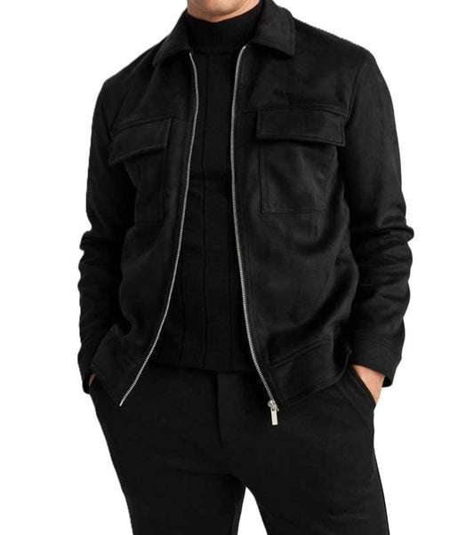 Men Black Suede Leather Trucker Jacket Classic Zip Style