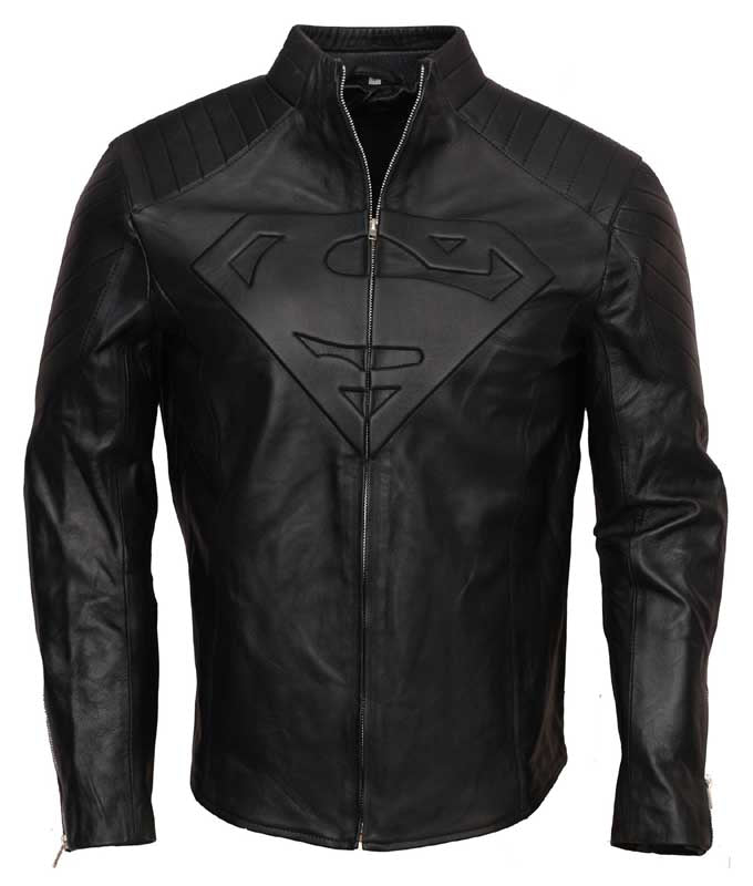 Men Black Superman Smallville Leather Jacket with Embossed S Logo
