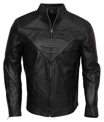 Men Black Superman Smallville Leather Jacket with Embossed S Logo