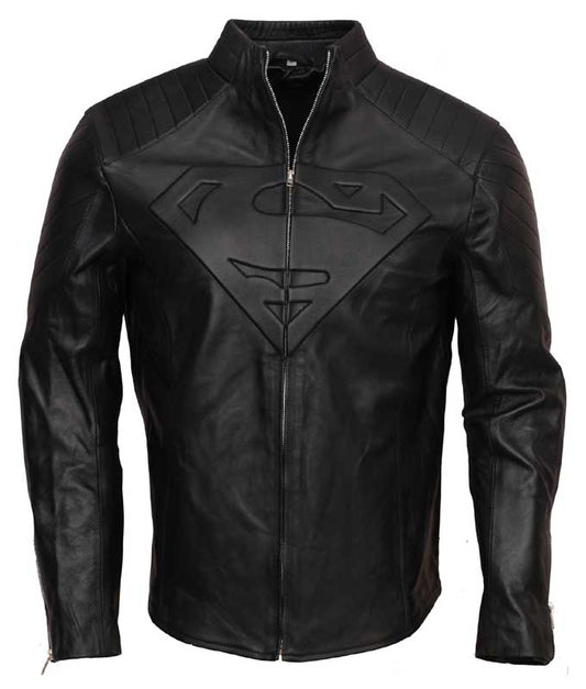 Men Black Superman Smallville Leather Jacket with Embossed S Logo