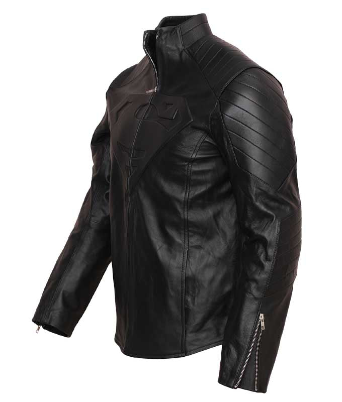 Men Black Superman Smallville Leather Jacket with Embossed S Logo