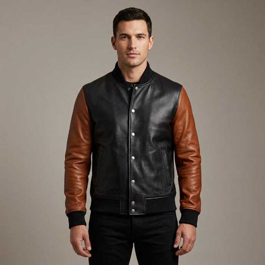 Men Black and Tan Leather Bomber Jacket Snap Front Varsity Style