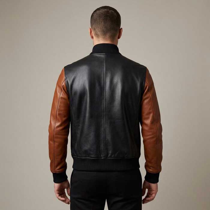 Men Black and Tan Leather Bomber Jacket Snap Front Varsity Style