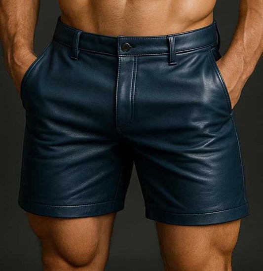 Men Blue Sheepskin Leather Biker Shorts