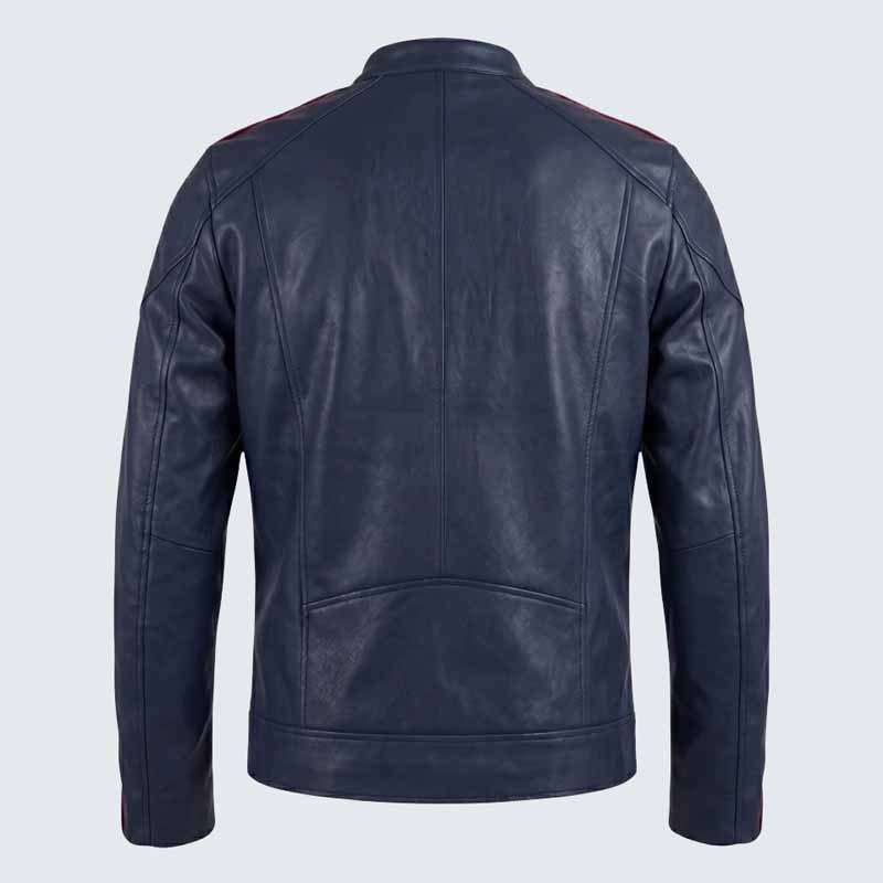 Men Navy Blue Leather Cafe Racer Jacket with Racing Patches