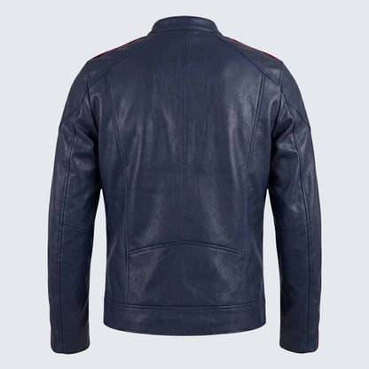 Men Navy Blue Leather Cafe Racer Jacket with Racing Patches