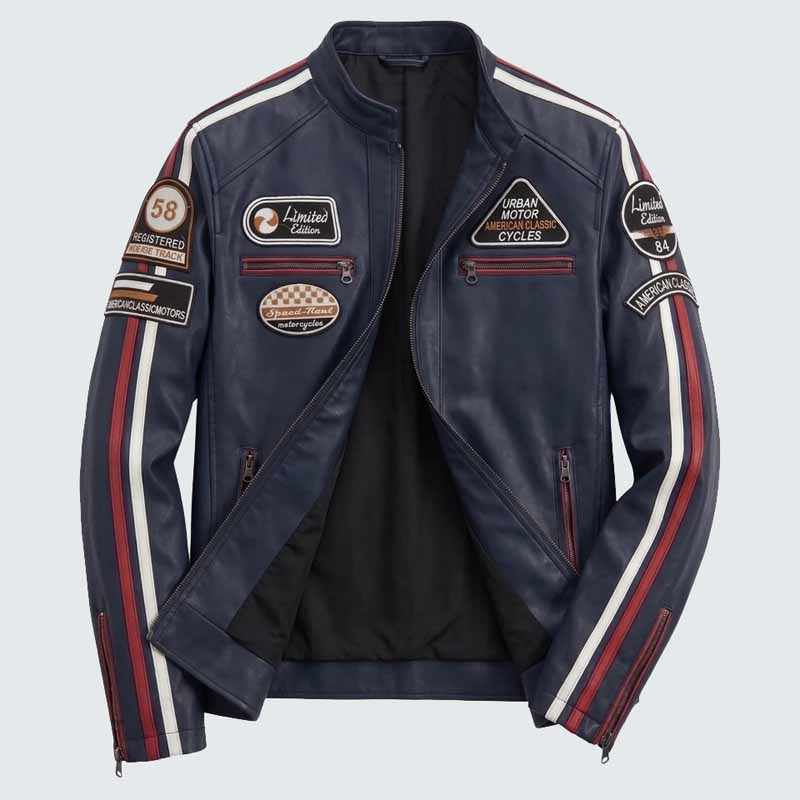 Men Navy Blue Leather Cafe Racer Jacket with Racing Patches