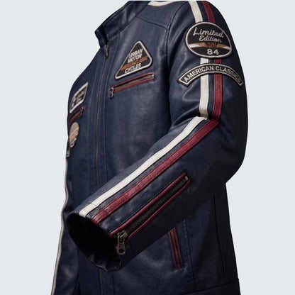 Men Navy Blue Leather Cafe Racer Jacket with Racing Patches