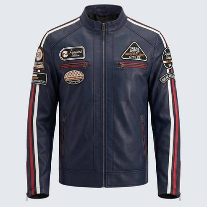 Men Navy Blue Leather Cafe Racer Jacket with Racing Patches