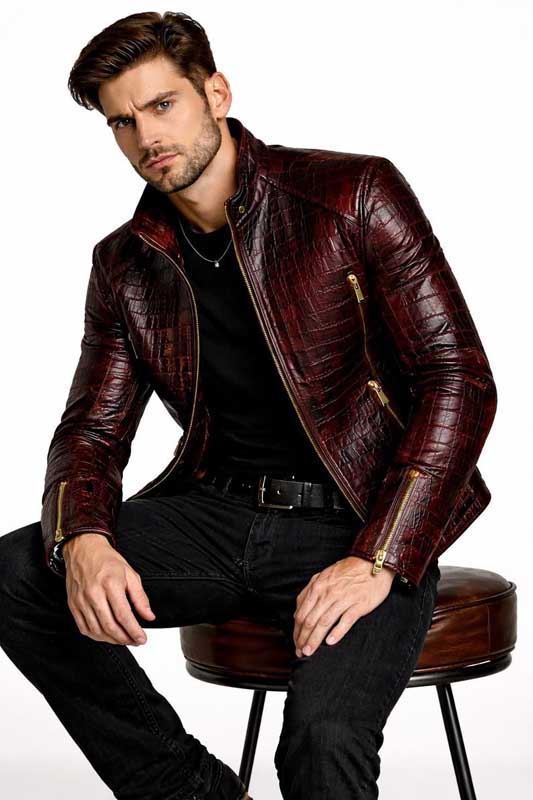 Men Red Crocodile Embossed Leather Biker Jacket