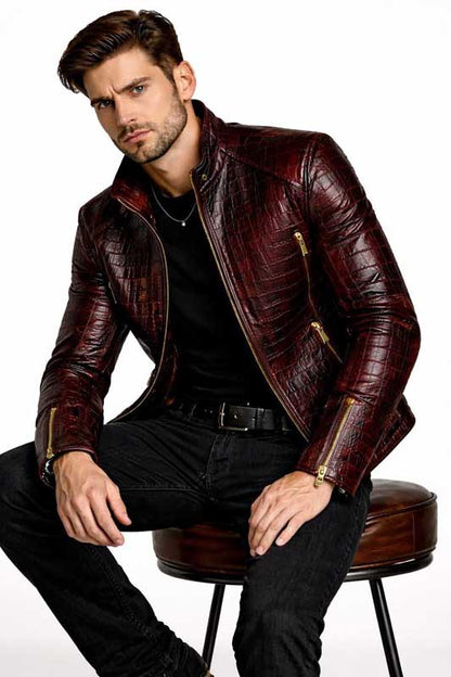 Men Red Crocodile Embossed Leather Biker Jacket