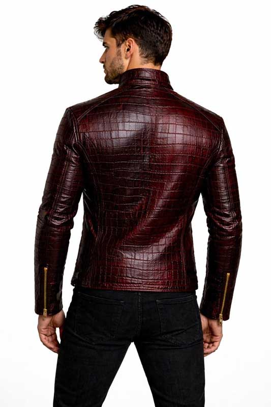 Men Red Crocodile Embossed Leather Biker Jacket