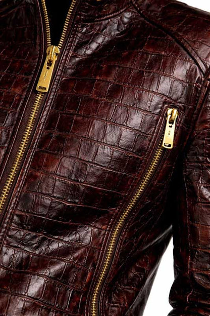 Men Red Crocodile Embossed Leather Biker Jacket