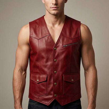 Men Red Leather Utility Vest V Neck Button Front with Back Belt