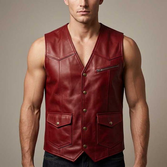 Men Red Leather Utility Vest V Neck Button Front with Back Belt