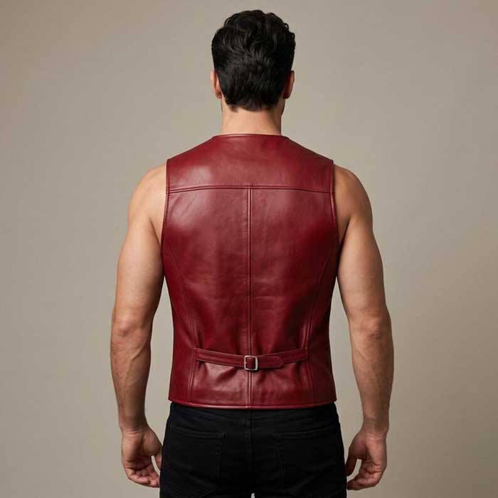 Men Red Leather Utility Vest V Neck Button Front with Back Belt