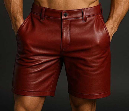 Men Red Sheepskin Leather Biker Shorts