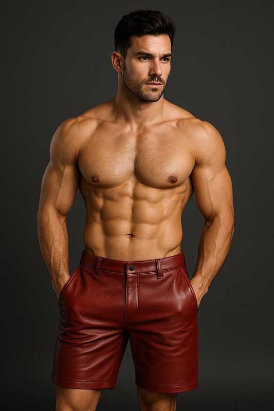 Men Red Sheepskin Leather Biker Shorts