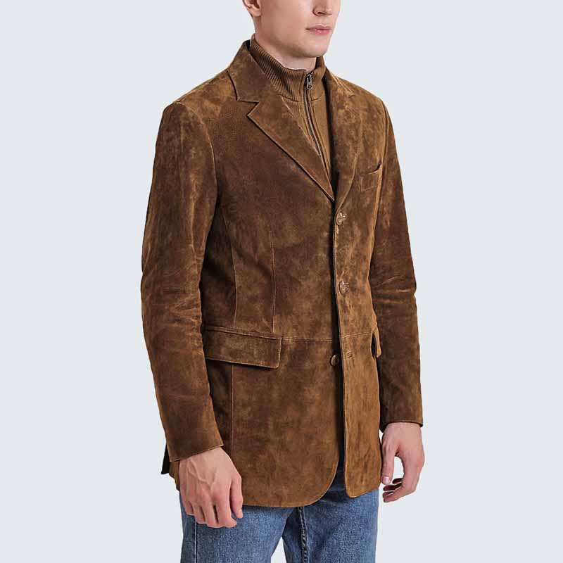 Men Tobacco Suede Leather Blazer with Zip Out Wool Bib