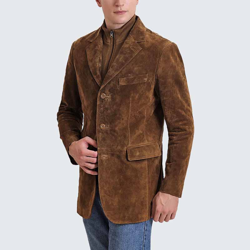 Men Tobacco Suede Leather Blazer with Zip Out Wool Bib