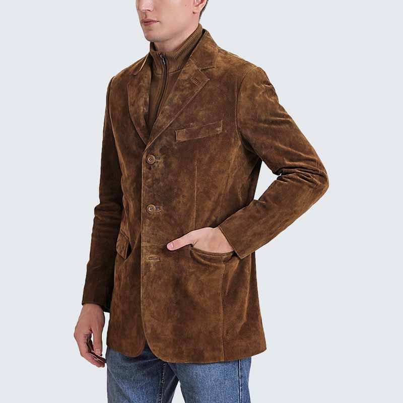 Men Tobacco Suede Leather Blazer with Zip Out Wool Bib