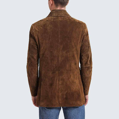 Men Tobacco Suede Leather Blazer with Zip Out Wool Bib