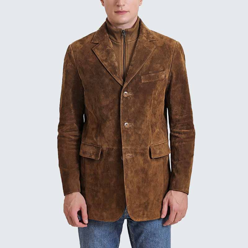 Men Tobacco Suede Leather Blazer with Zip Out Wool Bib