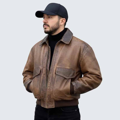 Men Vintage Distressed Brown Leather Aviator Bomber Jacket with Ribbed Trim