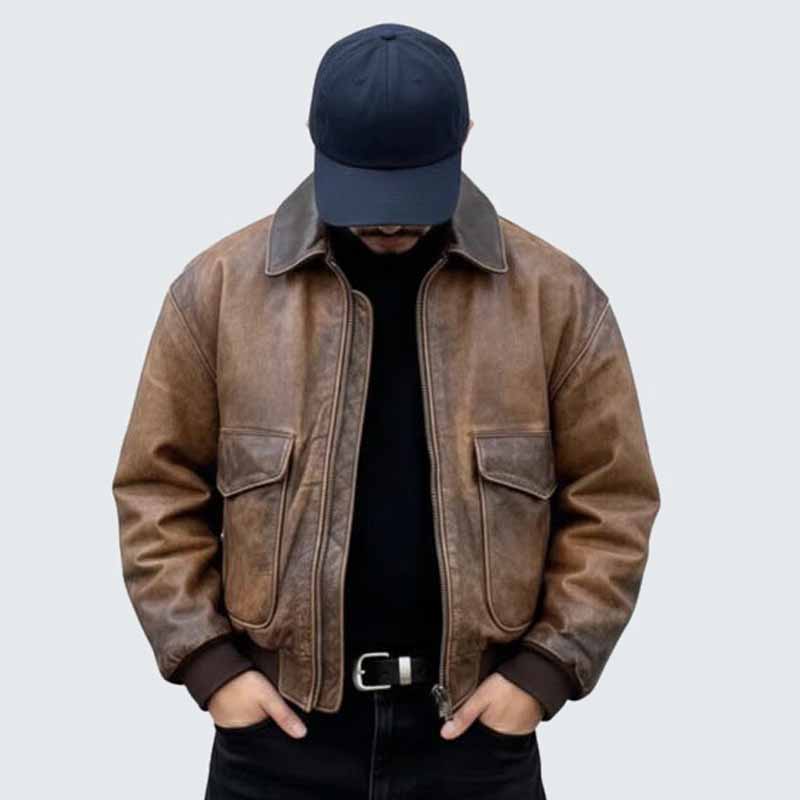Men Vintage Distressed Brown Leather Aviator Bomber Jacket with Ribbed Trim