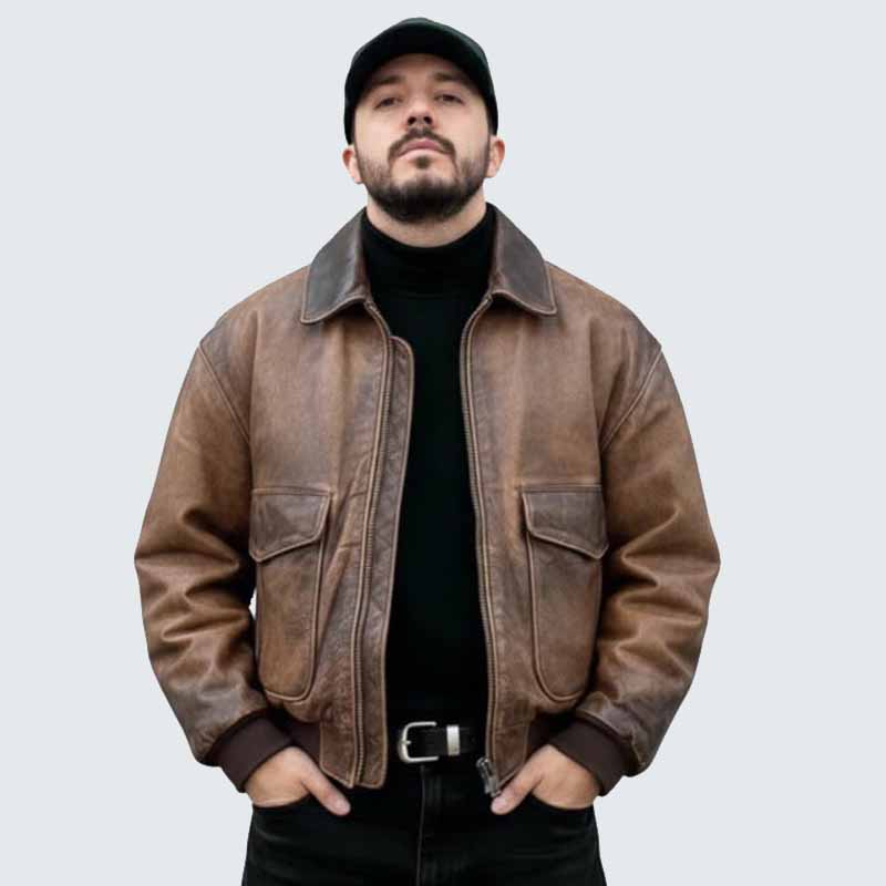 Men Vintage Distressed Brown Leather Aviator Bomber Jacket with Ribbed Trim