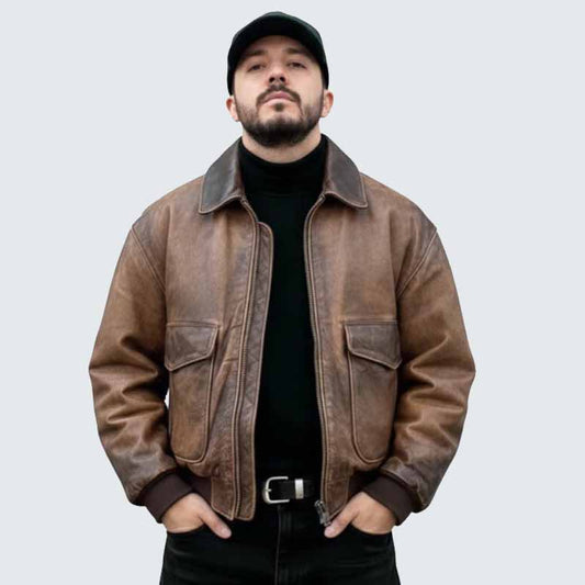Men Vintage Distressed Brown Leather Aviator Bomber Jacket with Ribbed Trim