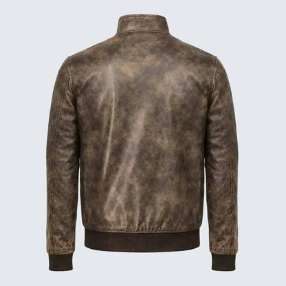 Men Vintage Distressed Brown Leather Bomber Jacket with Stand Collar