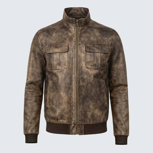 Men Vintage Distressed Brown Leather Bomber Jacket with Stand Collar