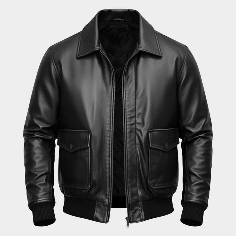 Men's A2 aviator bomber black leather jacket with rib-knit cuffs and zipper closure