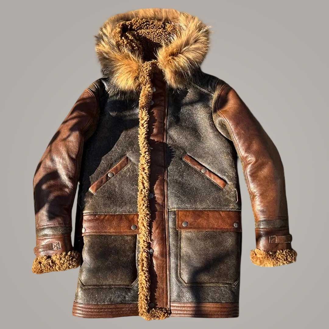 Men's Aviator Hooded Long Coat Genuine Sheepskin Leather Jacket with Warm Fur Lining