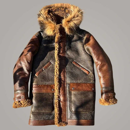 Men's Aviator Hooded Long Coat Genuine Sheepskin Leather Jacket with Warm Fur Lining
