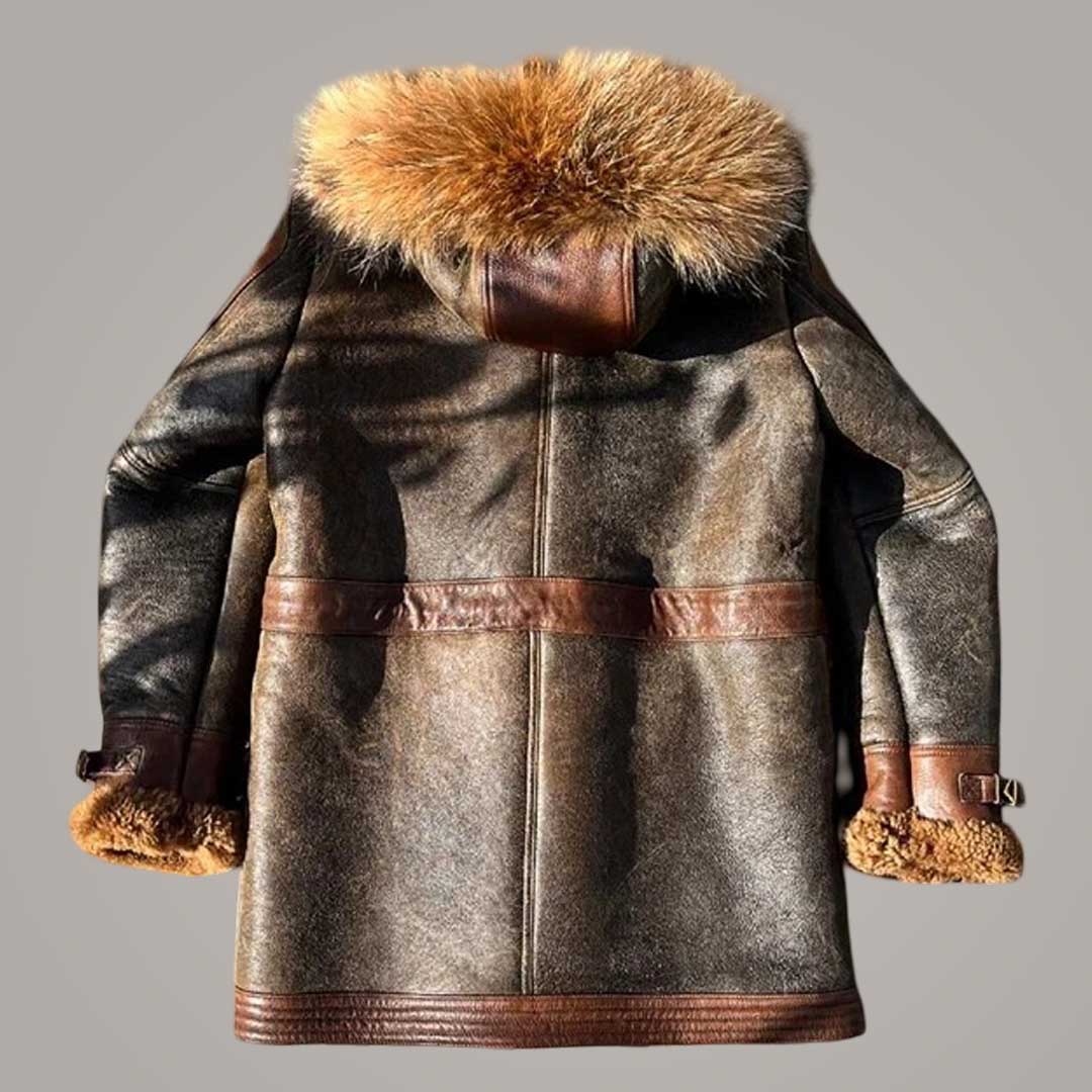 Men's Aviator Hooded Long Coat Genuine Sheepskin Leather Jacket with Warm Fur Lining