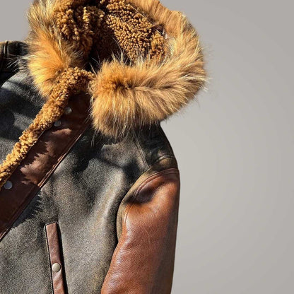 Men's Aviator Hooded Long Coat Genuine Sheepskin Leather Jacket with Warm Fur Lining