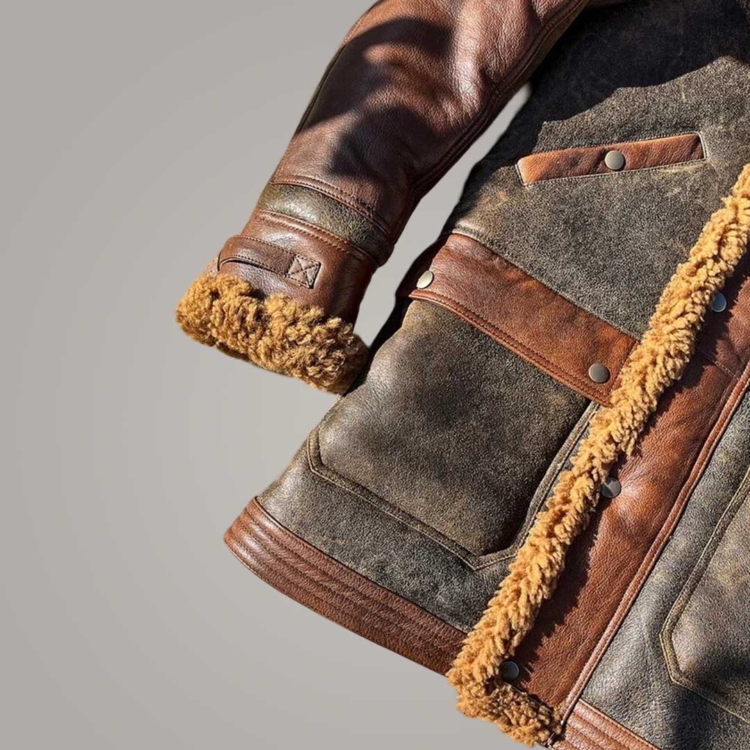 Men's Aviator Hooded Long Coat Genuine Sheepskin Leather Jacket with Warm Fur Lining