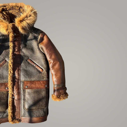 Men's Aviator Hooded Long Coat Genuine Sheepskin Leather Jacket with Warm Fur Lining