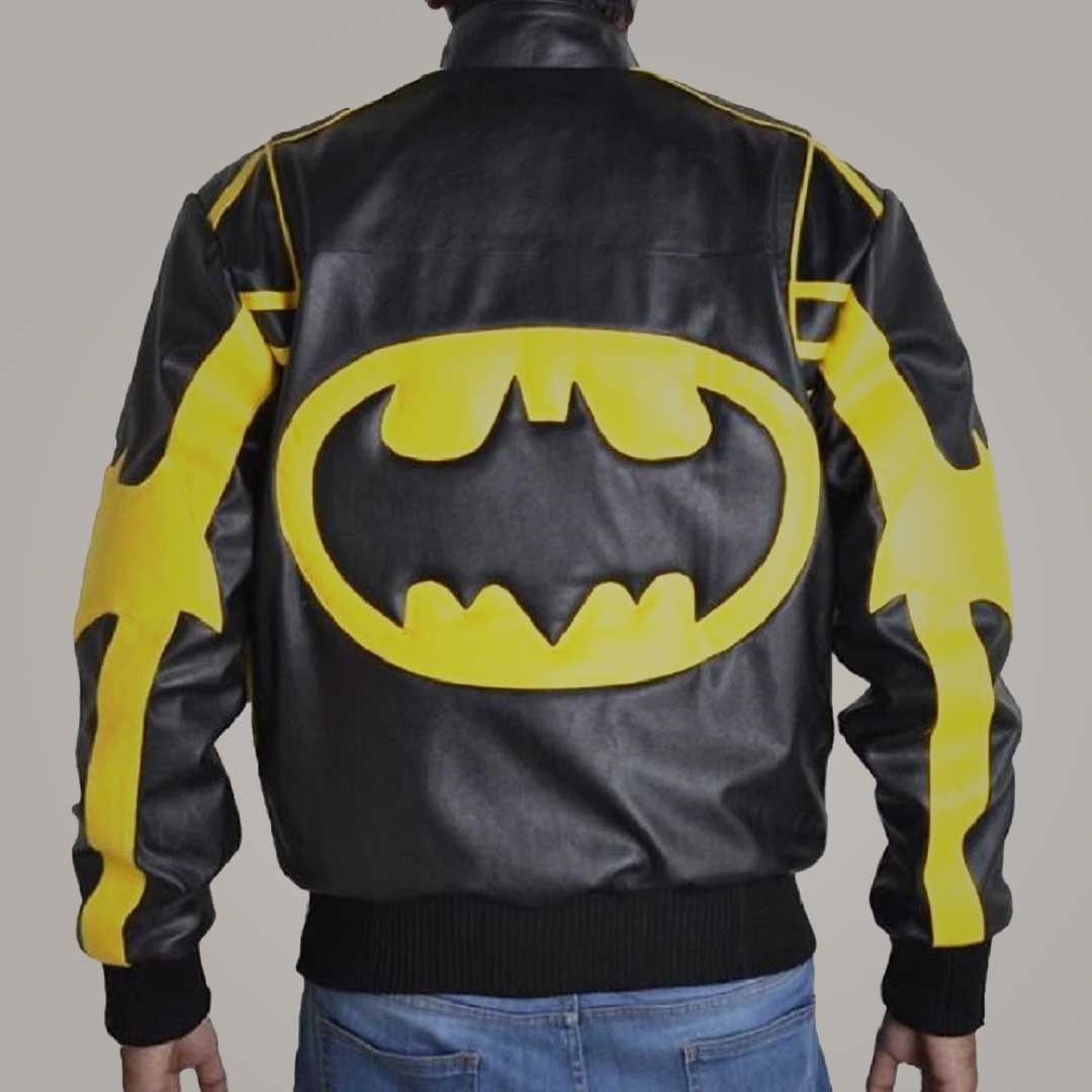 Men's Batman Black Leather Jacket with Bat Logo Design Superhero Costume Style