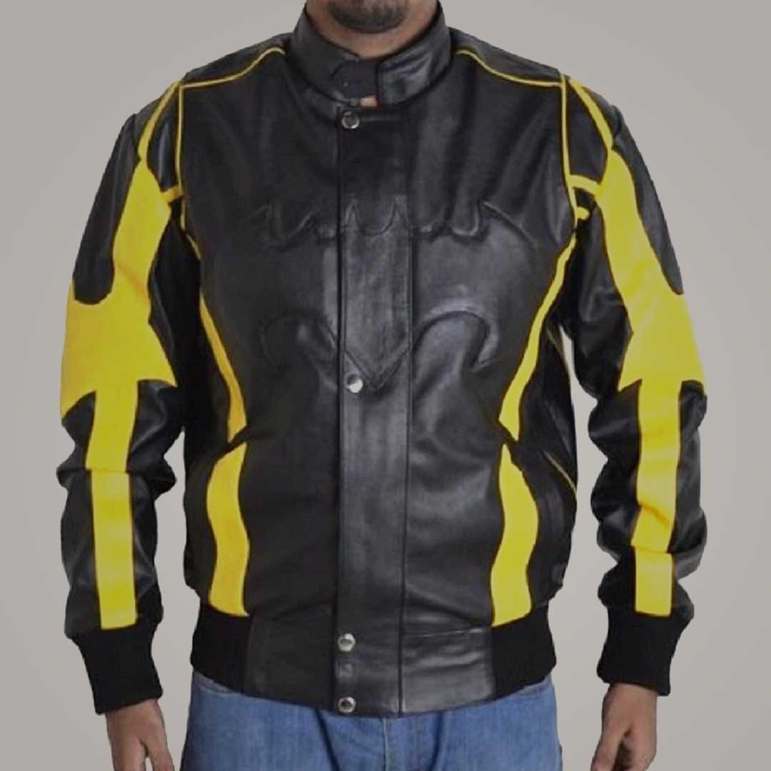 Men's Batman Black Leather Jacket with Bat Logo Design Superhero Costume Style