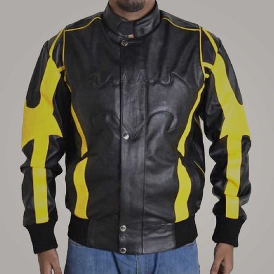 Men's Batman Black Leather Jacket with Bat Logo Design Superhero Costume Style